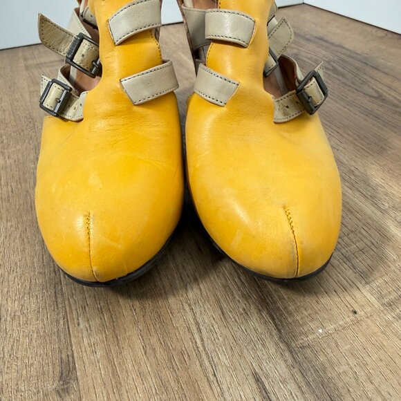 John Fluevog Pindown Farrah Wedge Heel Shoes Yellow Cream Buckle Statement 9 - Picture 12 of 12
